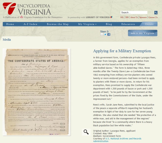 Applying for a Military Exemption article on Encyclopedia Virginia
